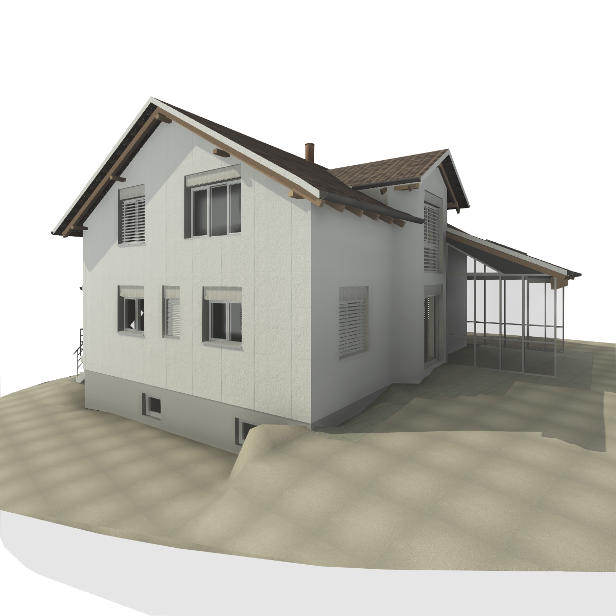 3D-Aussenansicht des Einfamilienhauses, modelliert von bimcadlaunchpad