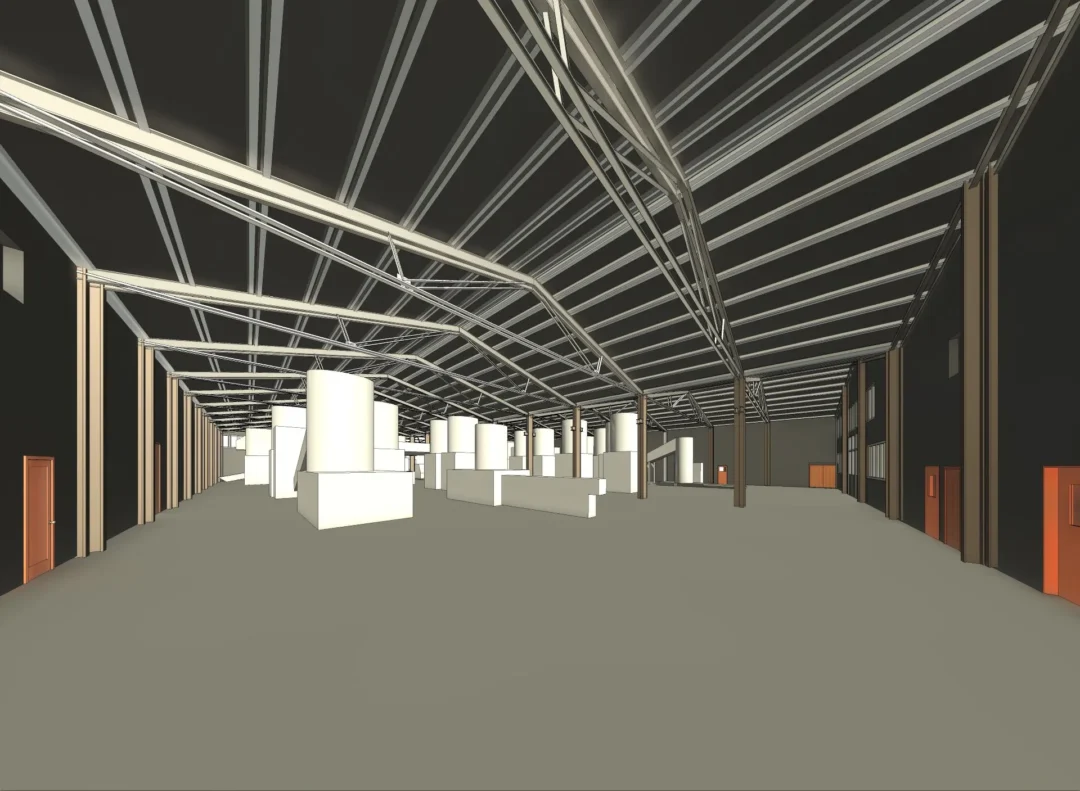 3D-Bestandsmodell einer Industriehalle in der Ostschweiz mit Hallenstruktur, Stahlträgern und vereinfachten Anlagenmodellen