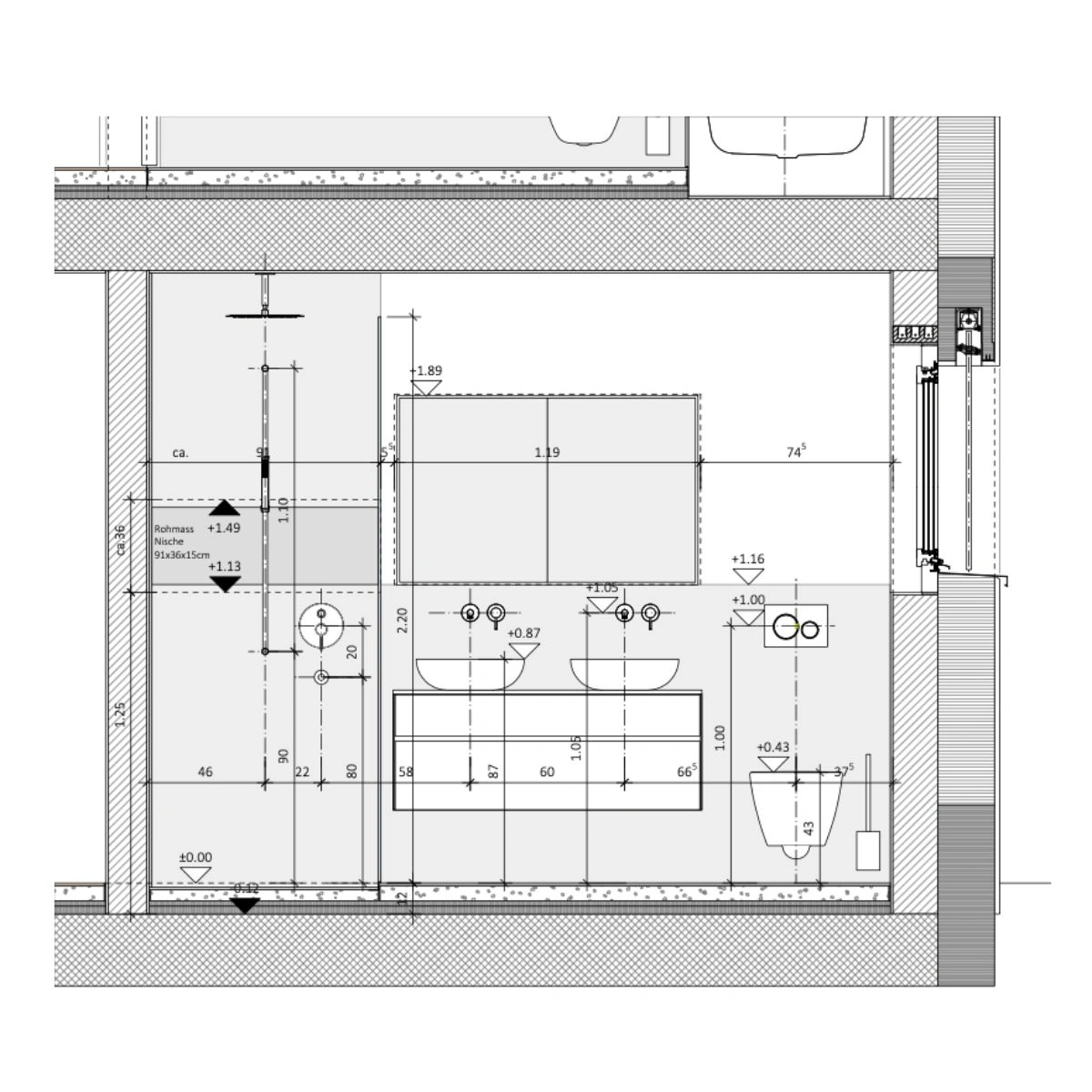 Detailplan Badezimmer – Ansicht mit Wandabwicklung, Höhenangaben und Ausführungsdetails
