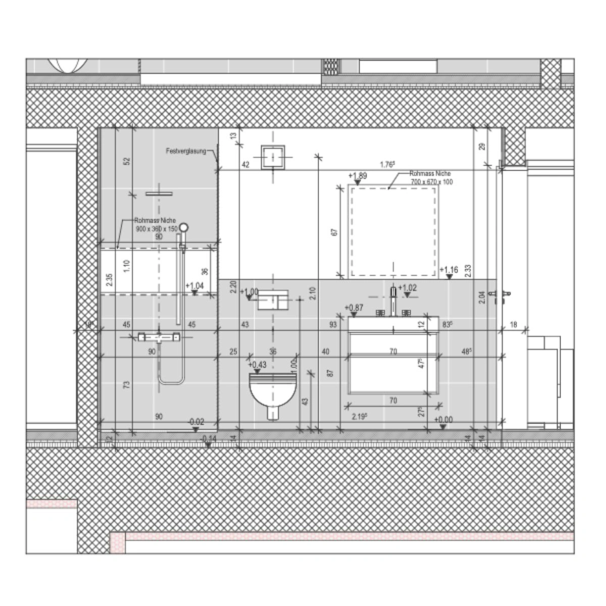 Detailplan Nasszelle für Badezimmer mit Dusche, WC, Lavabo und detaillierter Bemassung