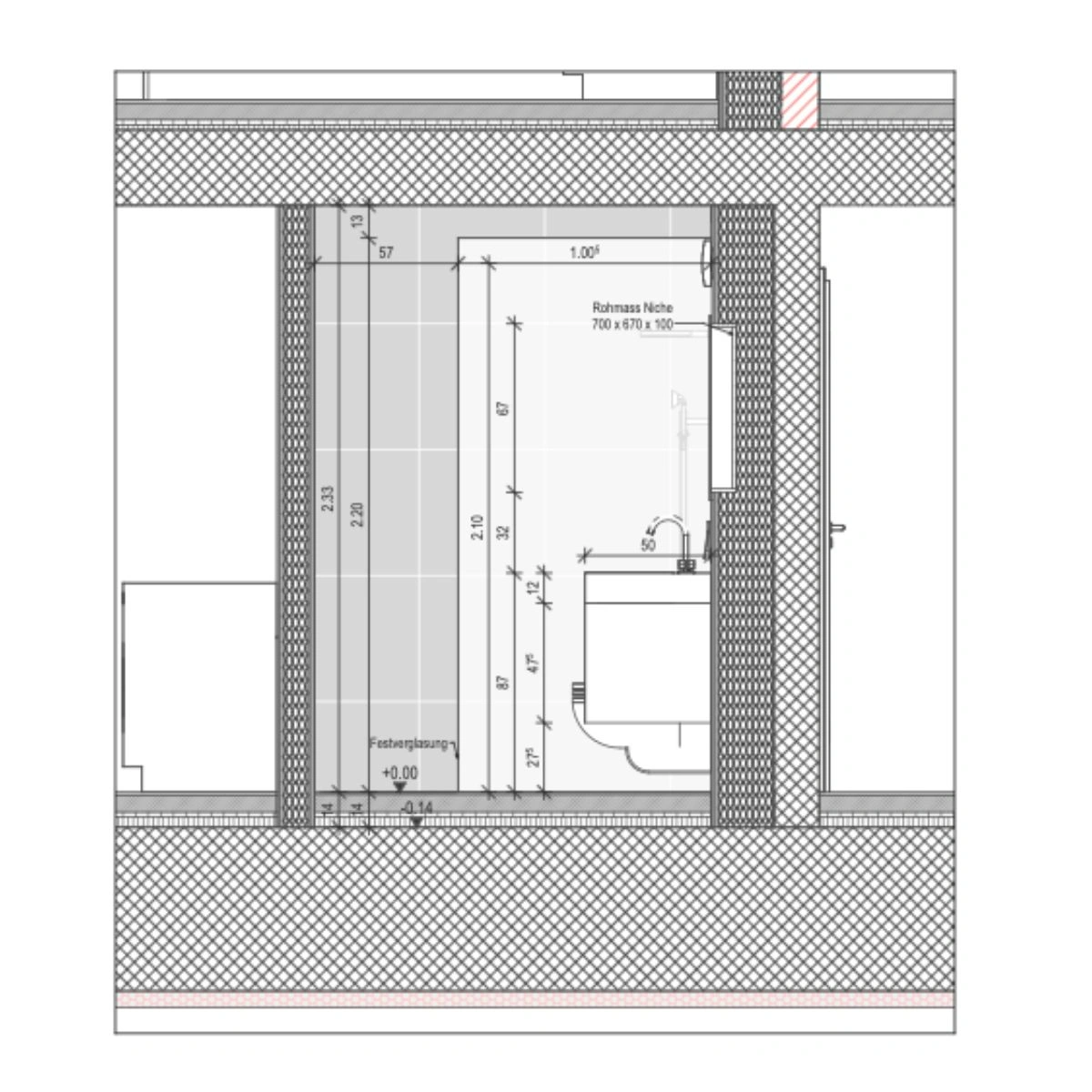 Nasszellenpläne zeichnen lassen – Wandansicht mit Sanitärelementen und Beschriftungen